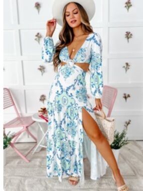 Chicways Printed Long Sleeve Cutout Maxi Dress (Blue/White)